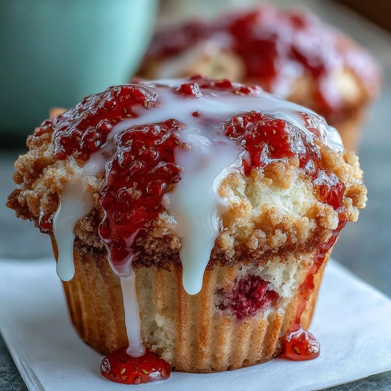 Golden muffins filled with juicy strawberries and lemon zest, drizzled with a glossy lemon glaze for extra tang.