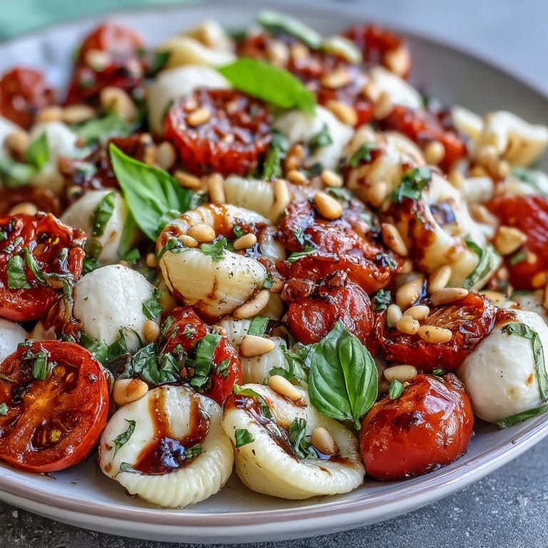 Colorful Caprese pasta salad featuring juicy cherry tomatoes, creamy mozzarella balls, and fragrant basil leaves, perfect for a light summer meal or side.
