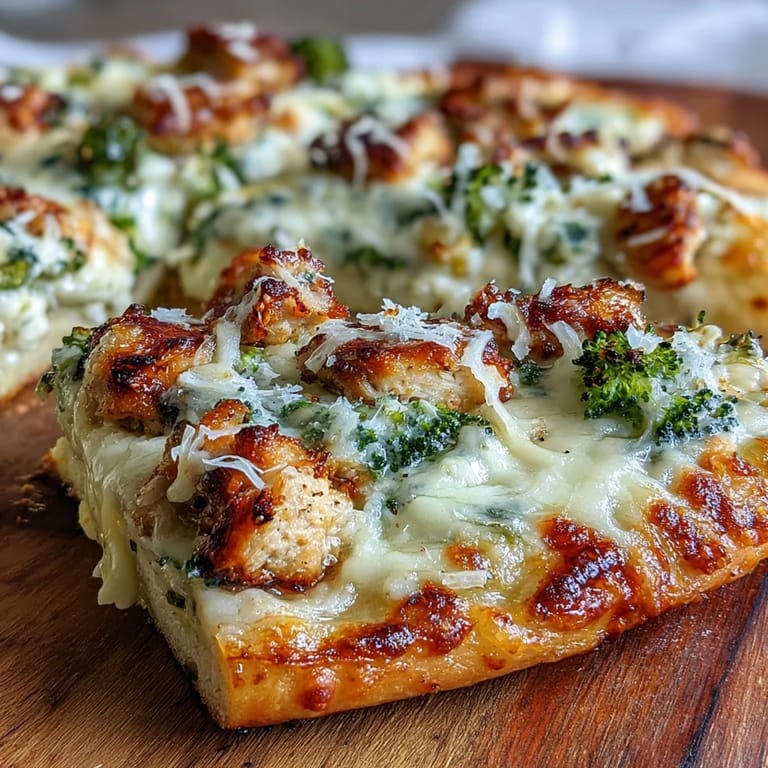 Sliced Garlic Parmesan Chicken & Broccoli Pizza on a rustic board, garnished with parsley and red pepper flakes.