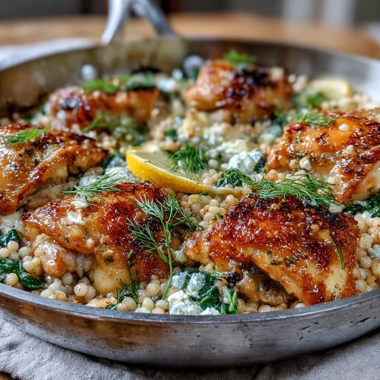 Baked Creamy Greek Chicken & Pearl Couscous Bake on a plate with spinach and couscous, ready for a Mediterranean dinner.