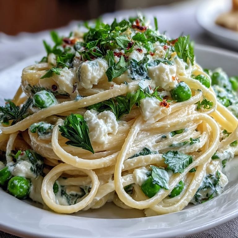 Bright and fresh Spring Pasta: Ricotta and Lemon Linguine with Peas - al dente noodles coated in a silky lemon-ricotta sauce, dotted with vibrant green peas.