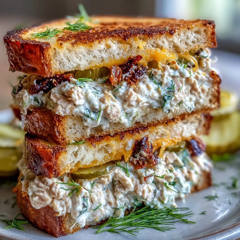 Classic tuna melt grilled to perfection, featuring creamy tuna salad, gooey cheese, and crunchy pickles between golden sourdough slices.  