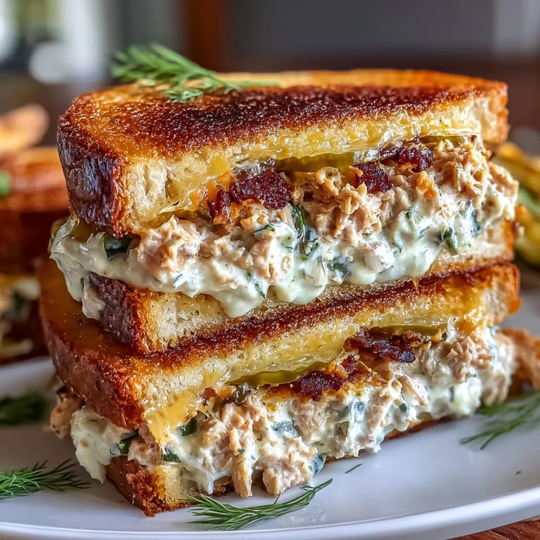Warm tuna melt with rich melted cheese and crisp pickles served on golden-brown buttered bread for ultimate comfort food.