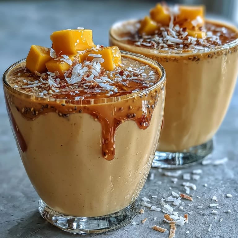 Vibrant mango coconut chia smoothie blended with fresh mango, coconut milk, and chia seeds for a nutritious treat.