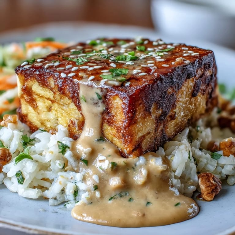Crispy tofu baked to perfection, nestled on brown rice with colorful veggies and a silky peanut sauce for a satisfying vegan meal.