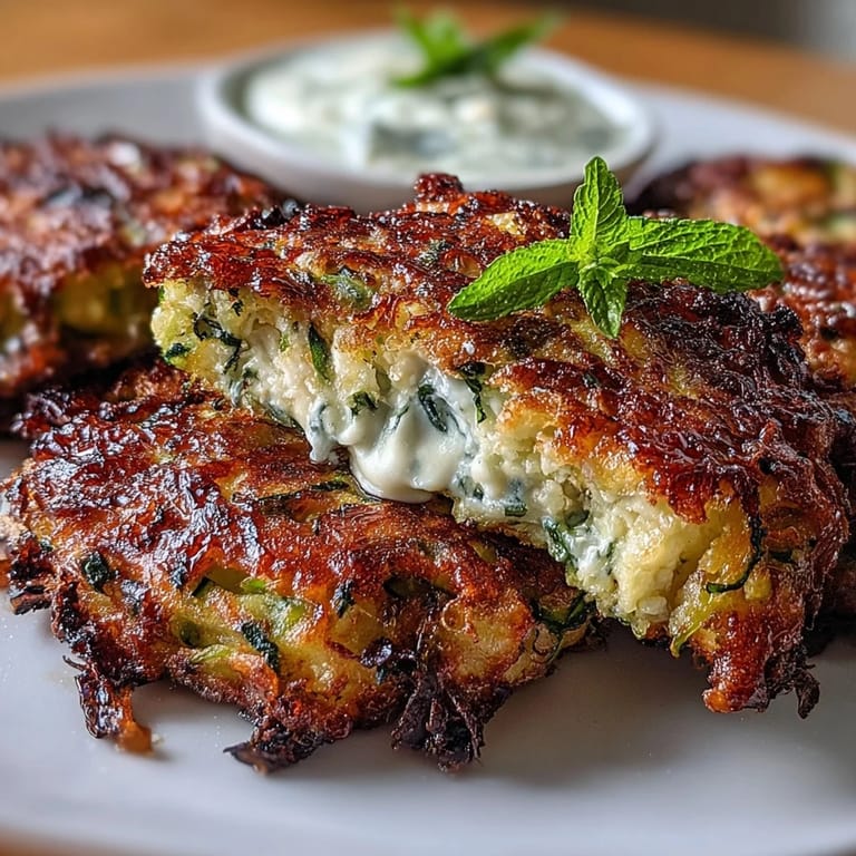 Light and savory zucchini fritters with creamy feta, accompanied by a refreshing yogurt mint sauce for a satisfying vegetarian treat.