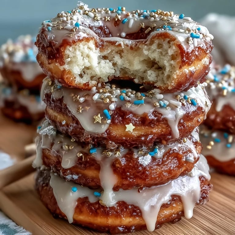 Colorful mini donuts arranged in a spiral tower, topped with gold stars and graduation picks for a fun, edible party display.