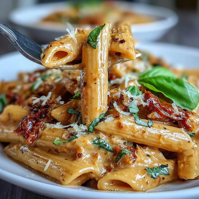 Velvety pasta dish featuring garlic, sun-dried tomatoes, and heavy cream for irresistible flavor.  