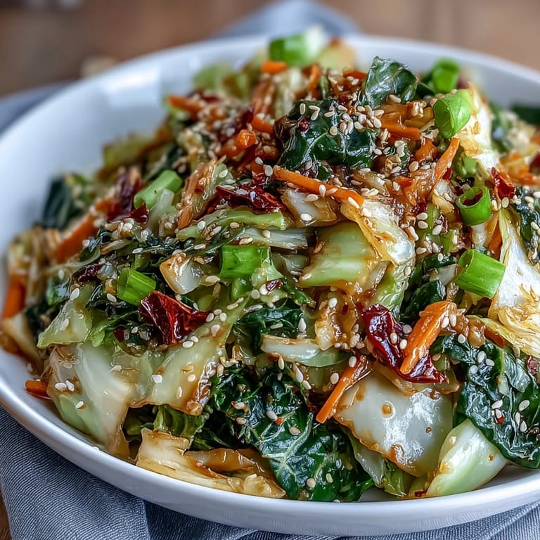 Crispy cabbage and carrots stir-fried with garlic and chili, served in a glossy soy-based sauce.