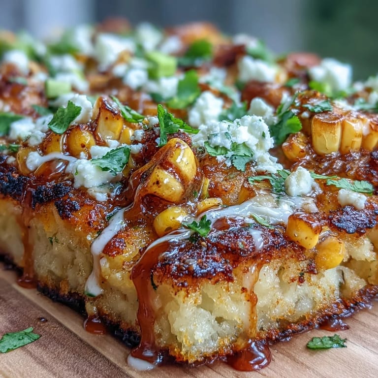 Golden flatbread layered with smoky corn, tangy cotija, and spicy jalapeño crema—perfect for Mexican-inspired gatherings.  