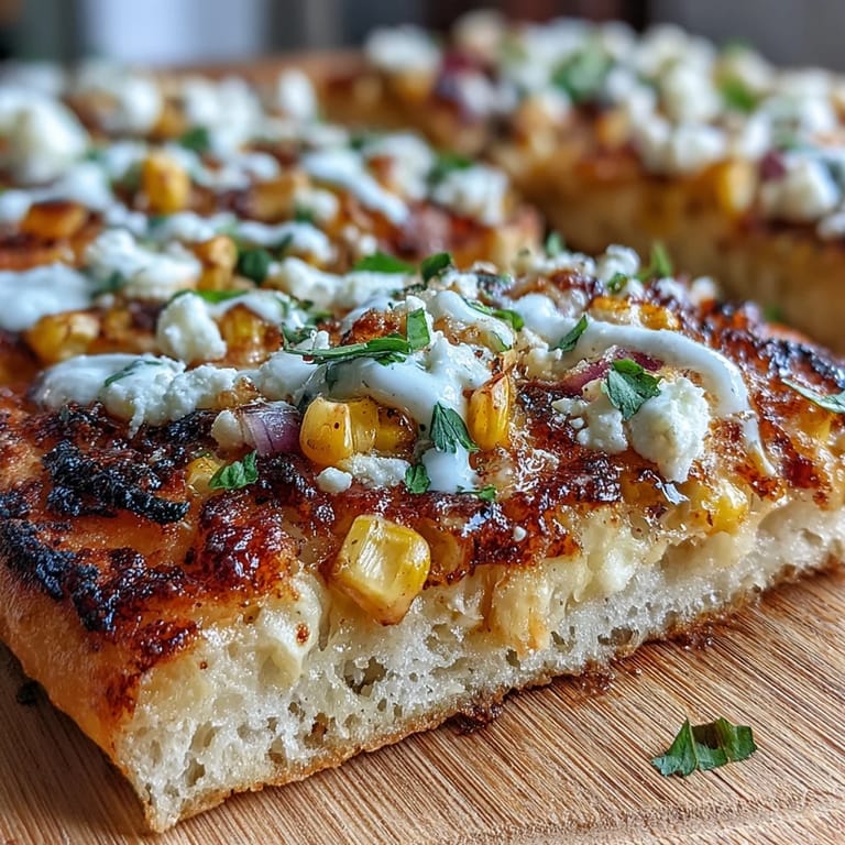 Savory flatbread featuring creamy cotija, charred corn, and jalapeño crema, a delicious twist on classic Mexican street corn.