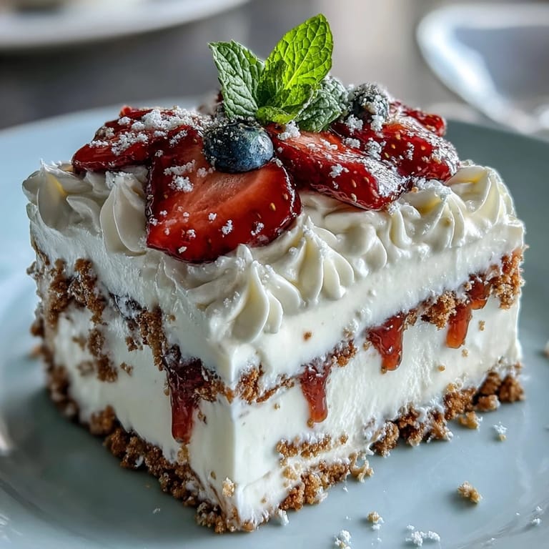 Layers of creamy whipped cream and juicy strawberries rest atop graham crackers in this easy, patriotic no-bake icebox cake perfect for summer gatherings.