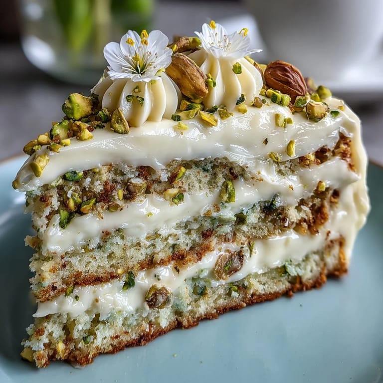 Festive layered lemon pistachio cake featuring fluffy sponge, rich cream cheese frosting, and a delightful crunch, perfect for celebrating spring birthdays.