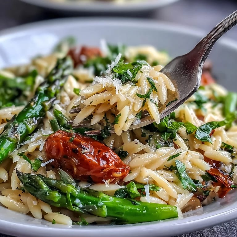 Creamy Spring Orzo Primavera featuring fresh basil, zucchini, and cherry tomatoes for a seasonal feast.  