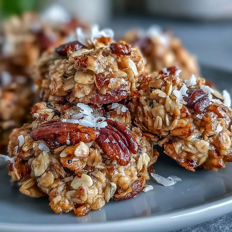 Thick, chunky granola clusters packed with mixed nuts and shredded coconut, baked until crispy and golden brown for maximum crunch.  