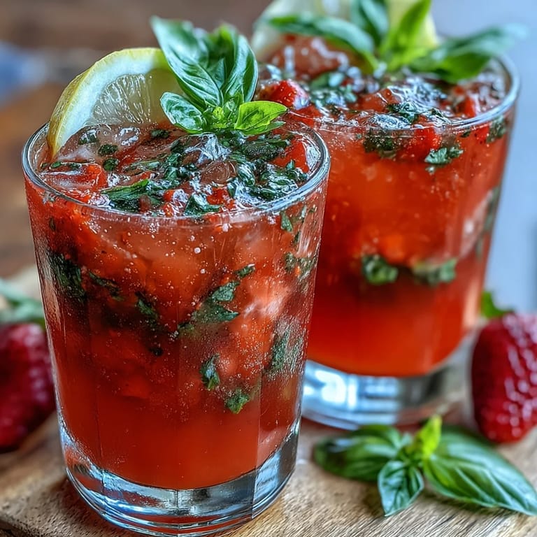 Refreshing non-alcoholic drink featuring muddled strawberries, basil, and sparkling water, garnished with lemon for a zesty finish.