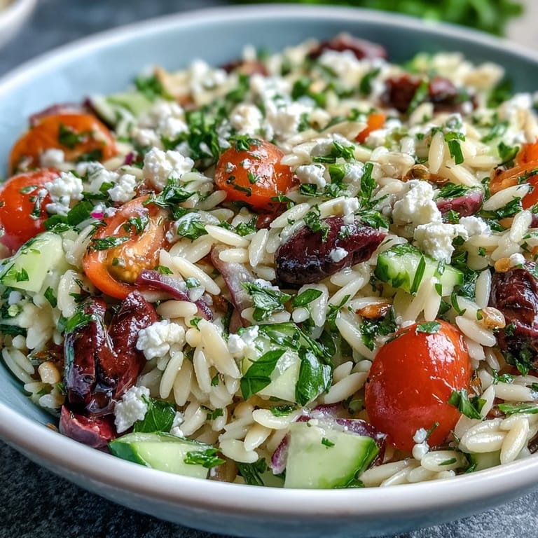 Tangy Summer Orzo Salad with Feta, featuring crisp veggies and creamy crumbled feta.