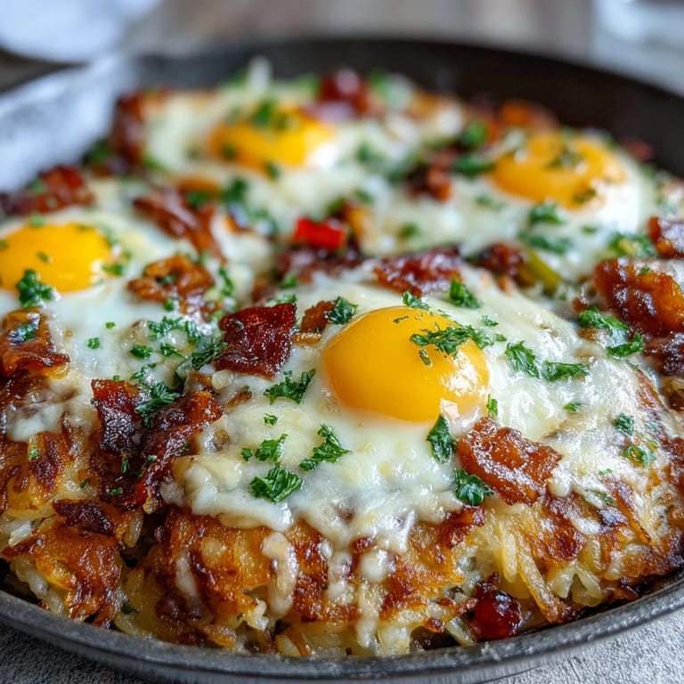 Enjoy this loaded hash brown skillet, a vibrant breakfast baked with cheesy goodness.
