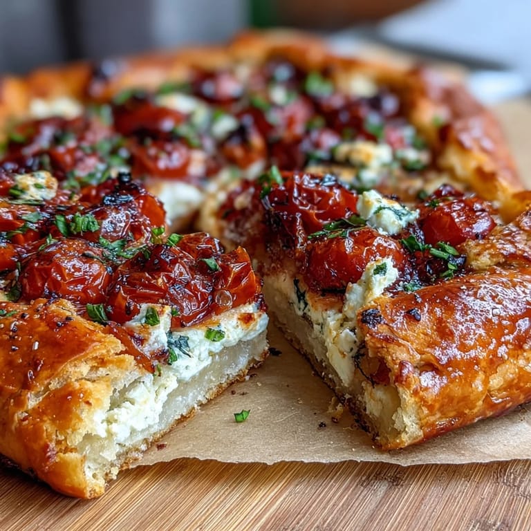 Enjoy a slice of this warm, buttery roasted tomato feta galette appetizer.