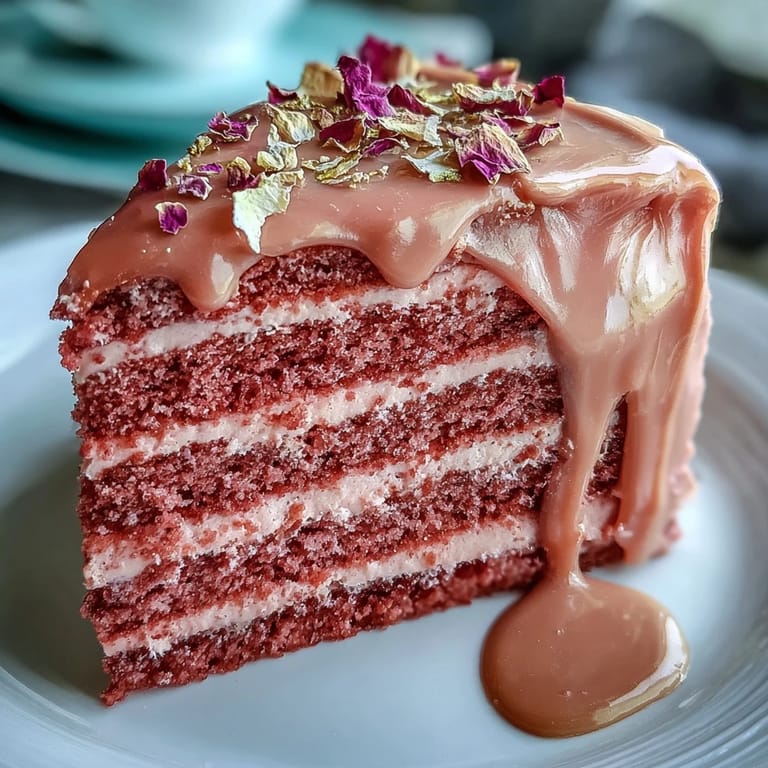 Gorgeous Bridal Shower Rosé Velvet Cake, ready for celebration, with delicate gold shine.