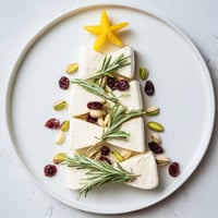 Simple Brie Triangle Cheese Tree beautifully garnished with rosemary, cranberries, and pistachios arranged on a platter.