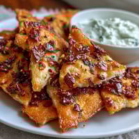 Spicy garlic naan chips baked until golden and crispy, served with a cool, creamy Asian cucumber dip flavored with sesame and soy.  