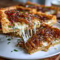 Caramelized onion and Gruyere tart with golden pastry and melted cheese, perfect for an elegant brunch centerpiece.