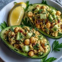 Fresh chickpea tuna salad stuffed into creamy avocado halves for a healthy, plant-based lunch.  
