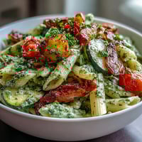 A colorful roasted vegetable pasta dish with cherry tomatoes and basil pesto, served hot and garnished with Parmesan cheese.