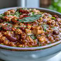 Healthy Easy One-Pot Turkey Chili with Beans simmering in a Dutch oven, rich with tomatoes, beans, and tender ground turkey for a comforting, nutritious meal.