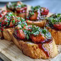 Fresh strawberry bruschetta with balsamic and mint, a colorful summer appetizer on toasted baguette slices.