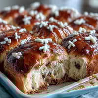 Soft hot cross buns with citrus glaze, warm and spiced, dotted with dried fruit for a classic Easter treat.  