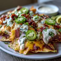 Soccer Game Day Nachos with Cheese Sauce piled high with melted cheddar, jalapeños, and fresh cilantro on crispy tortilla chips.