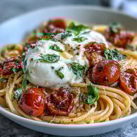 Caprese Pasta with Burrata features ripe cherry tomatoes, fresh basil, and creamy burrata cheese over al dente pasta for a vibrant summer meal.