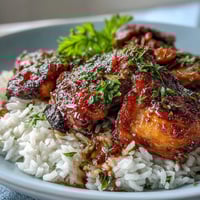 Honey garlic chicken thighs in a glossy, savory-sweet sauce served over fluffy white rice with sesame seeds.