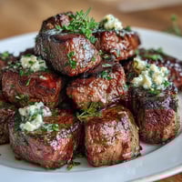 One-pan garlic herb steak bites with juicy seared sirloin, fresh parsley, and thyme in a savory garlic butter sauce.