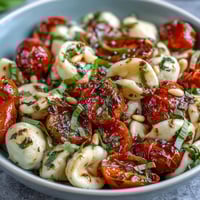 Summer pasta salad with cherry tomatoes, mozzarella, and fresh basil, tossed in olive oil and balsamic glaze for a refreshing Caprese-style dish.