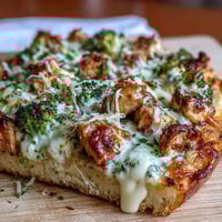 Freshly baked Garlic Parmesan Chicken & Broccoli Pizza with golden crust, melted mozzarella, and vibrant green broccoli florets.