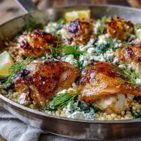 Golden-brown Creamy Greek Chicken & Pearl Couscous Bake served from a skillet with a fresh dill garnish and lemon wedges.