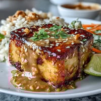 Golden, crispy baked tofu cubes served over nutty brown rice with vibrant vegetables and a creamy peanut sauce drizzle.  