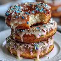 A towering stack of glazed donuts adorned with rainbow sprinkles, perfect for a festive graduation celebration centerpiece.
