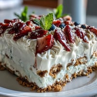 A vibrant no-bake icebox cake with layers of whipped cream, graham crackers, and fresh strawberries for a festive Memorial Day treat.