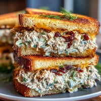 Golden crispy tuna melt sandwich with melted cheddar and tangy pickles oozing from buttery toasted bread.  