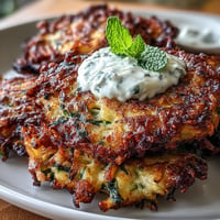 Crispy zucchini fritters with feta and fresh herbs, served with a cool yogurt mint dipping sauce for a flavorful appetizer.  