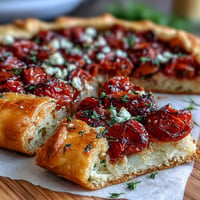 Savory Roasted Cherry Tomato and Feta Galette with golden, flaky pastry crust.